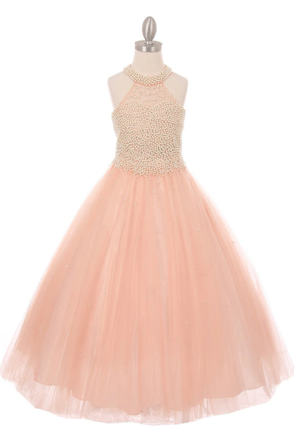 Visible details on the Blush mini quince dress include a pearl bodice and gathered tulle skirt.