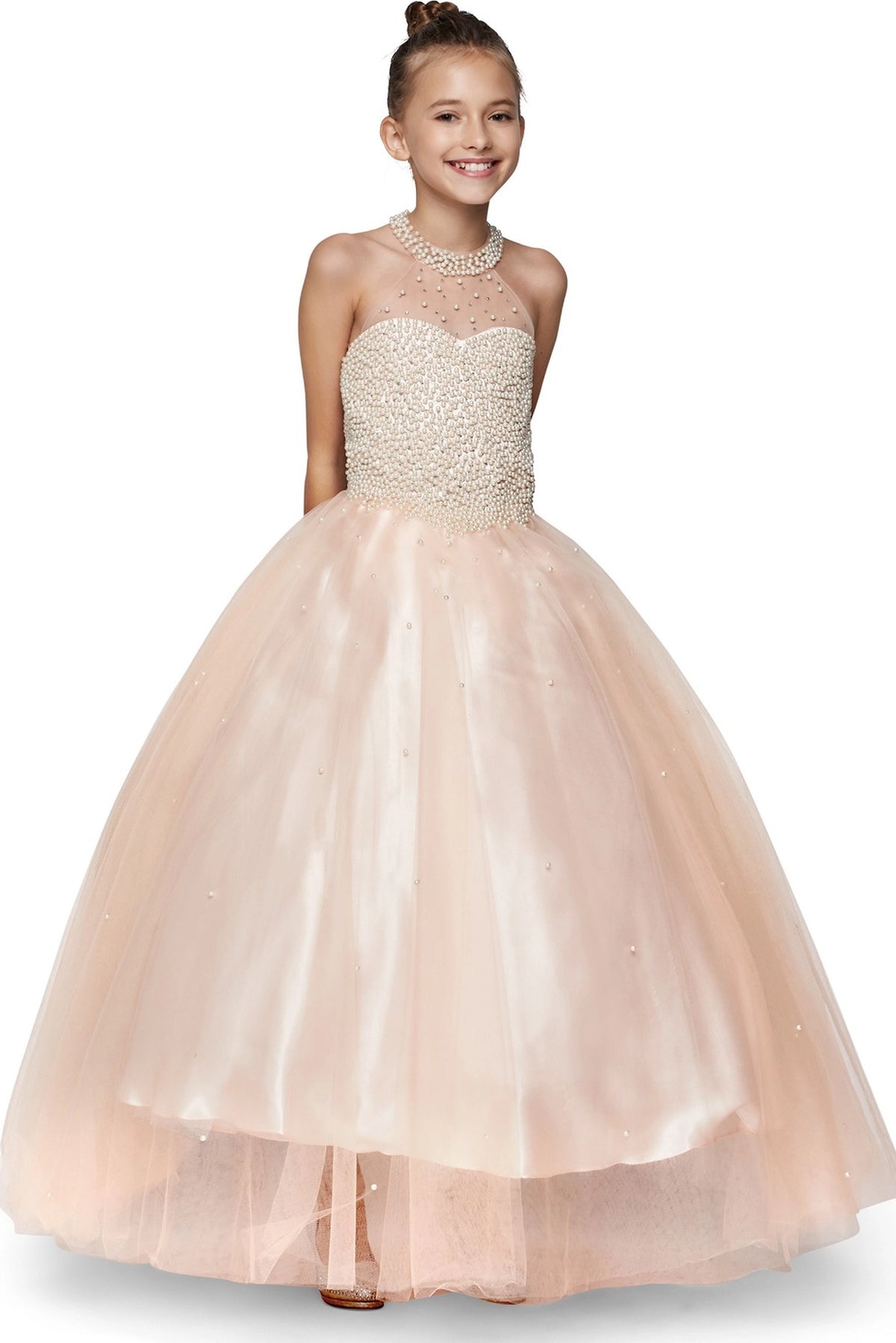 Blush mini quince dress with a pearl-covered bodice and full tulle skirt.