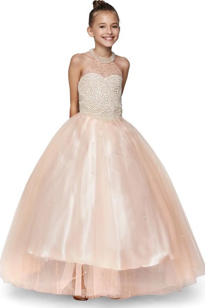 Blush mini quince dress with a pearl-covered bodice and full tulle skirt.