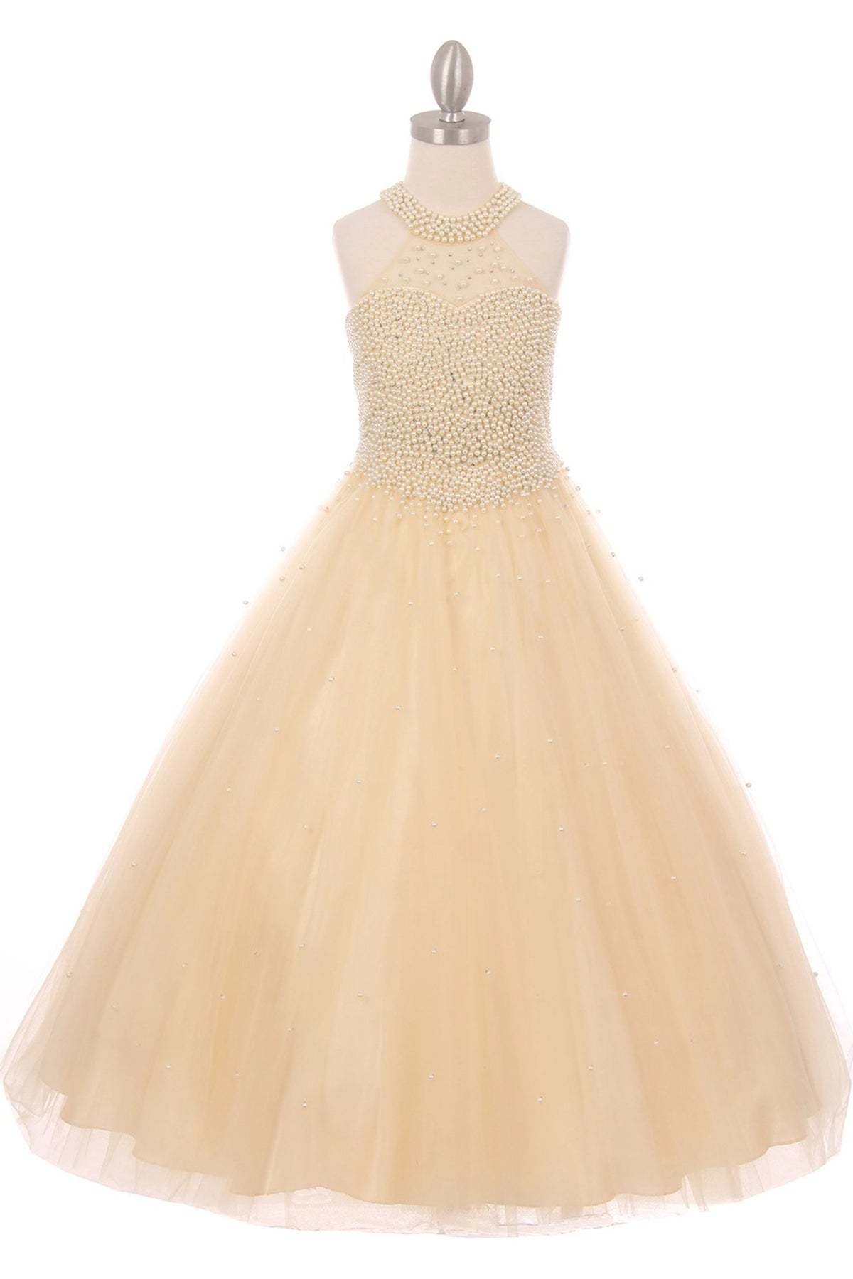 Featured on this Champagne mini quince dress: a pearl-covered bodice and gathered skirt.