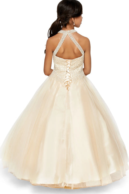 Details of this Champagne mini quince dress include a keyhole upper back and satin lacing.