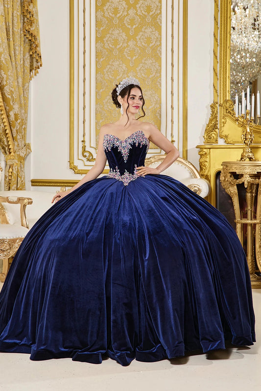 Front view of a Navy quinceañera gown with sweetheart neckline and beaded bodice
