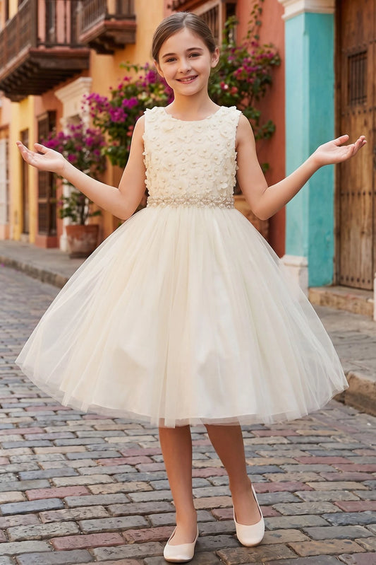 Showcasing with a floral lace bodice, this Champagne kids party dress displays elegant detail.