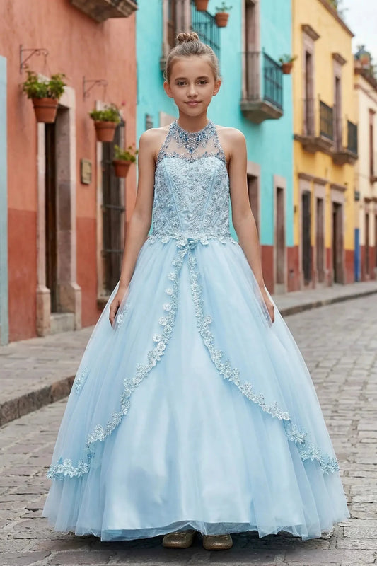 Blue front view kids mini quinceañera mini quince dress with halter neck, rhinestones, pearls and layered tulle skirt.
