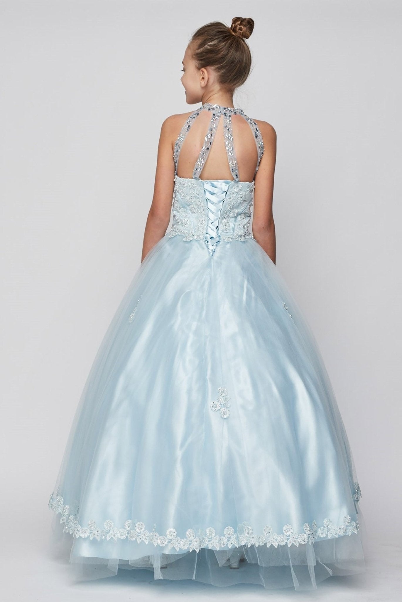 Blue back view kids mini quinceañera mini quince dress with halter neck, rhinestones, pearls and satin tulle fabric.