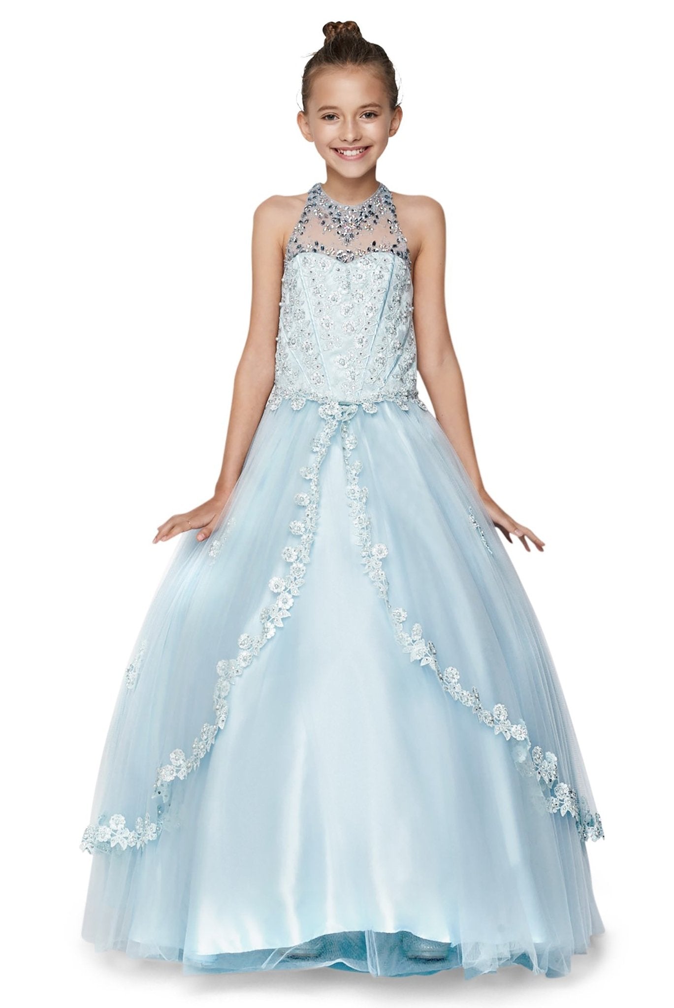 Blue front view kids mini quinceañera mini quince dress with halter neck, rhinestones, pearls and layered tulle skirt.