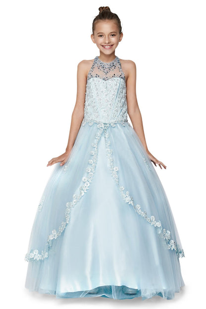 Hemline view highlights blue kids mini quinceañera mini quince dress with halter neck, rhinestones, pearls and layered tulle skirt.