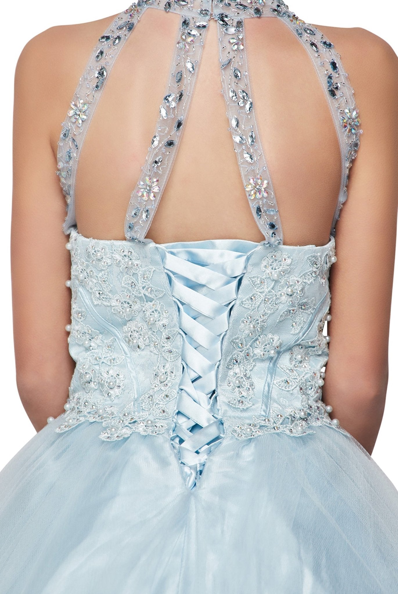Champagne back zoom kids mini quinceañera mini quince dress with halter neck, rhinestones, pearls and layered tulle skirt.