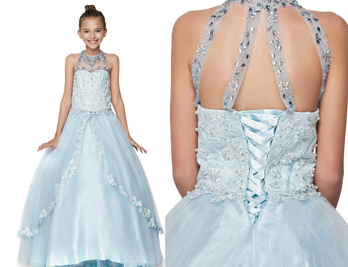 Blue side view kids mini quinceañera mini quince dress with halter neck, rhinestones, pearls and layered tulle skirt.