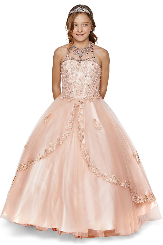 Blush back zoom kids mini quinceañera ball gown with halter neck, rhinestones, pearls and layered tulle skirt