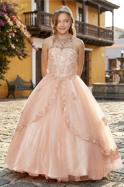 Shown in a front view, the Blush mini quince dress has halter neckline and floral embellished bodice.