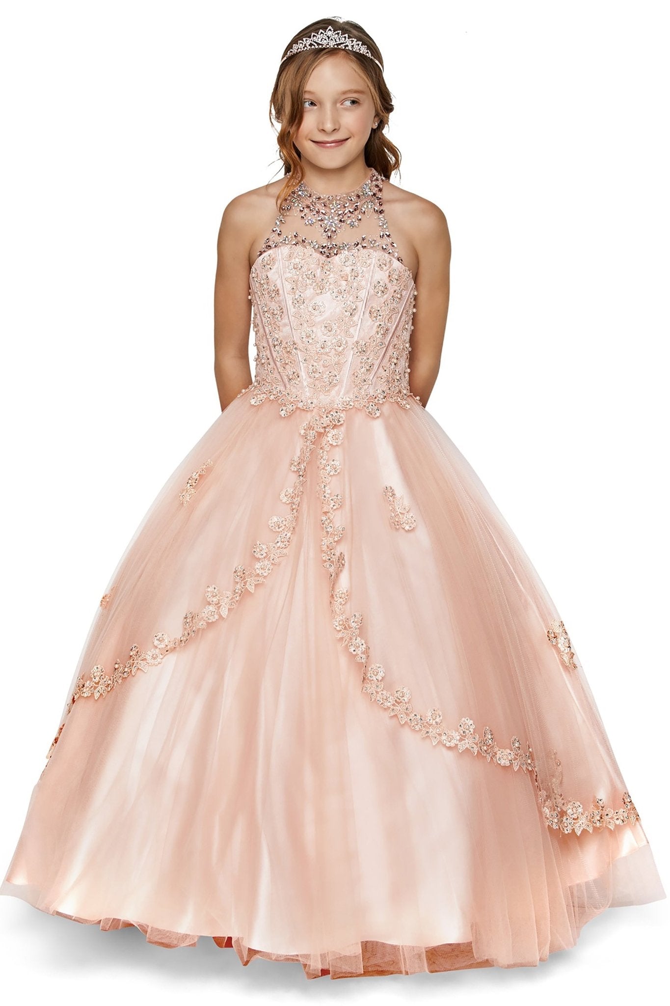 Blush back zoom kids mini quinceañera mini quince dress with halter neck, rhinestones, pearls and layered tulle skirt.