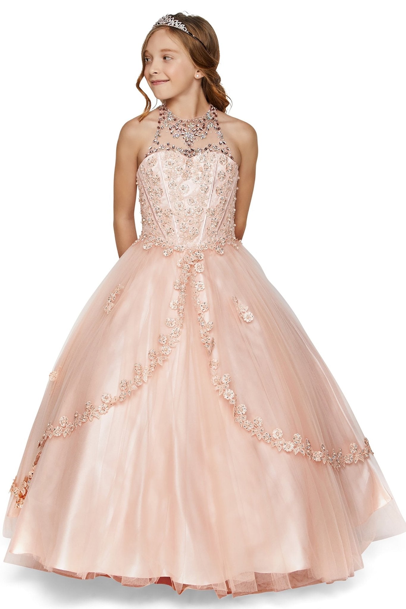 Blush detail view kids mini quinceañera mini quince dress with halter neck, rhinestones, pearls and layered tulle fabric.