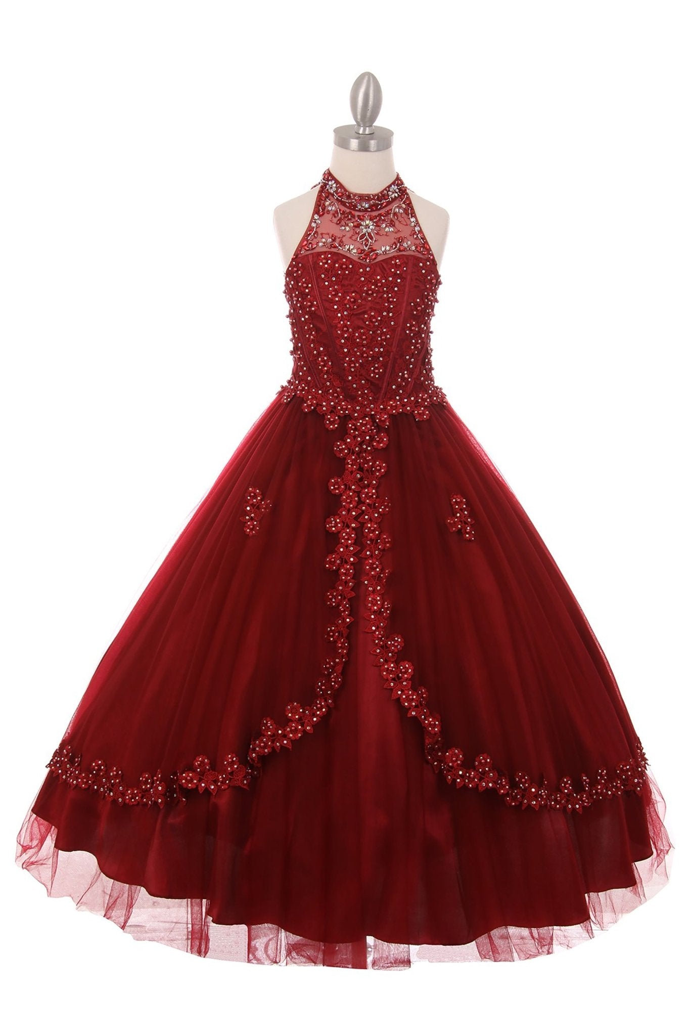 Burgundy front zoom kids mini quinceañera mini quince dress with halter neck, rhinestones, pearls and layered tulle skirt.