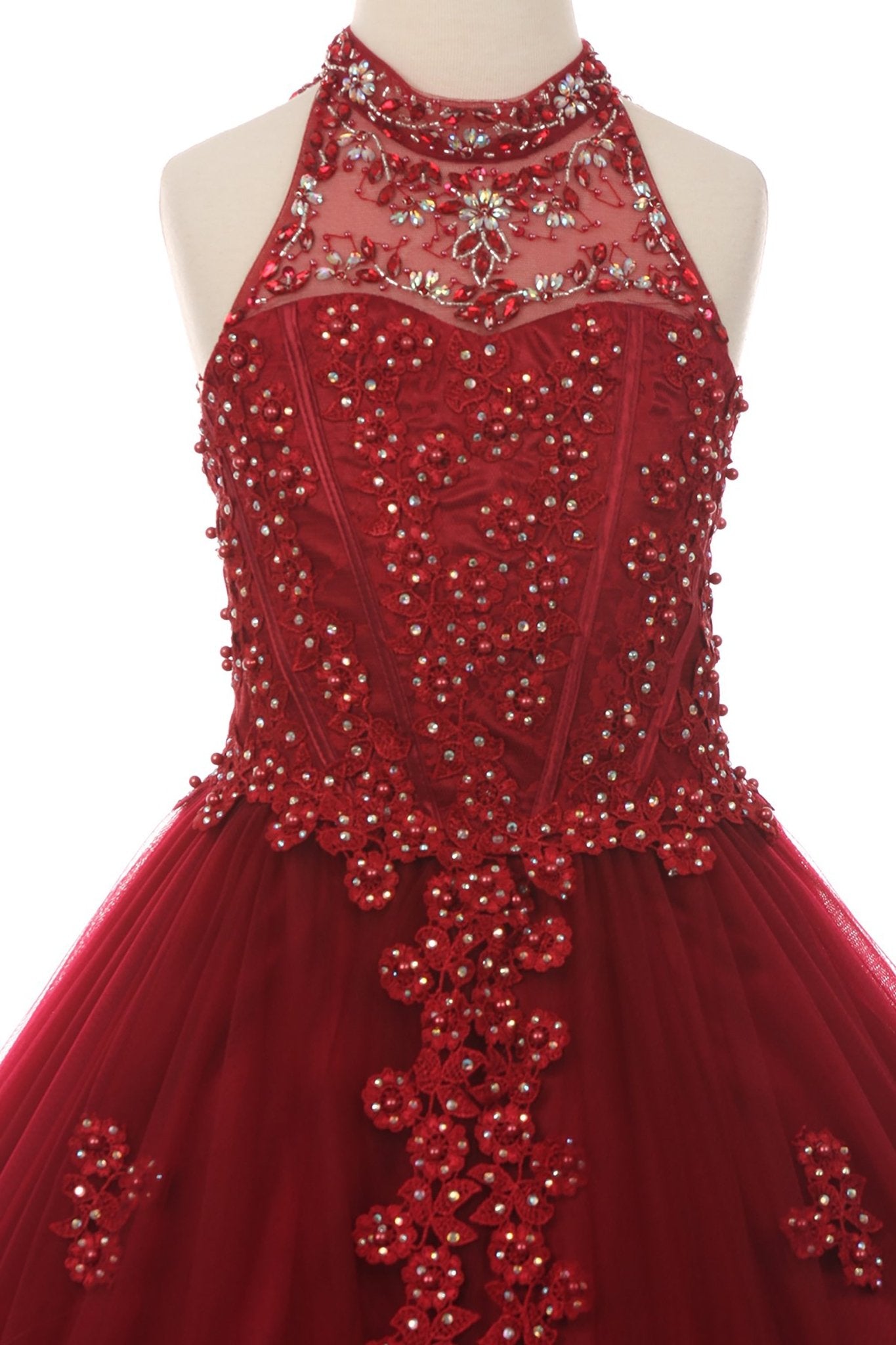 Burgundy back view kids mini quinceañera mini quince dress with halter neck, rhinestones, pearls and layered tulle skirt.
