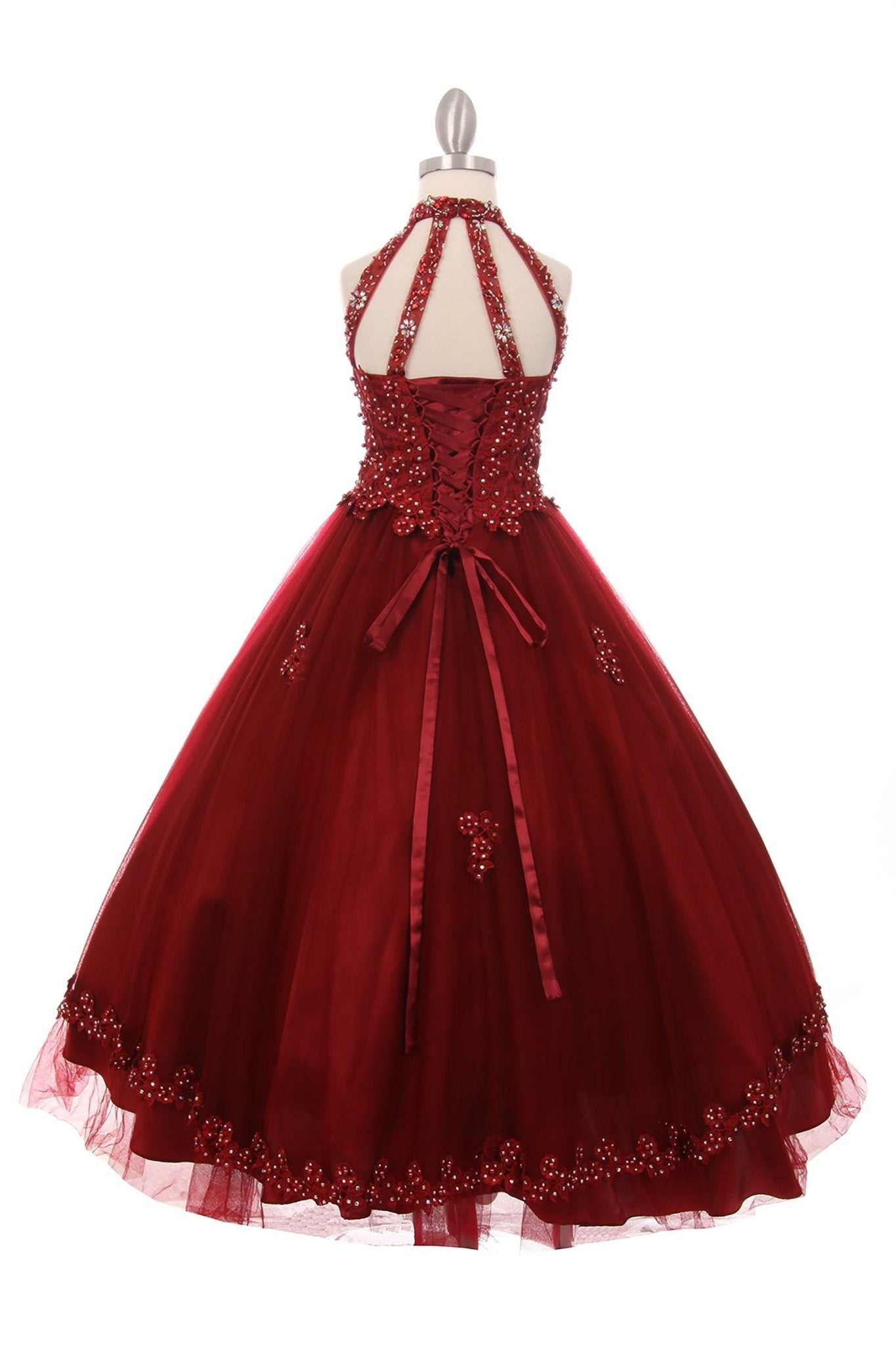 Burgundy back zoom kids mini quinceañera mini quince dress with halter neck, rhinestones, pearls and layered tulle skirt.