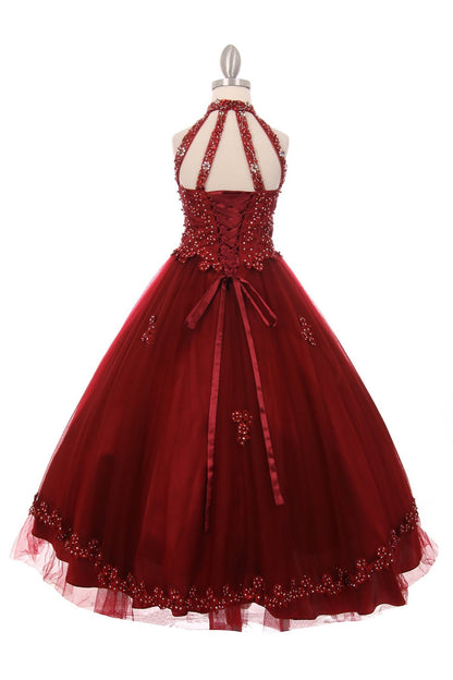 Back detail shows burgundy back zoom kids mini quinceañera mini quince dress with halter neck, rhinestones, pearls.