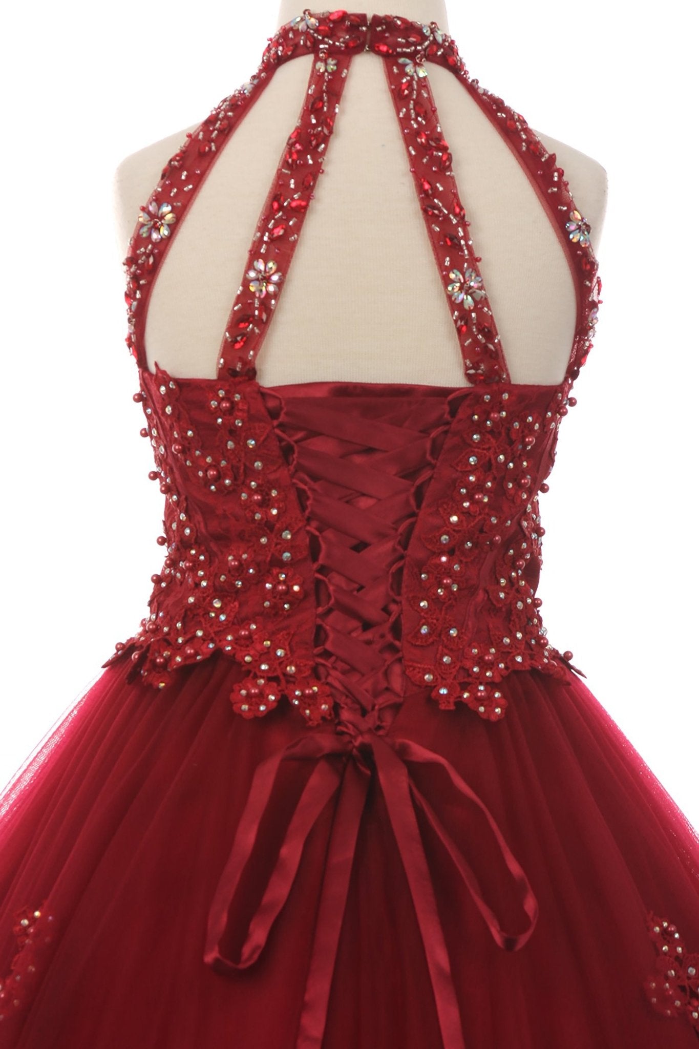 Burgundy skirt view kids mini quinceañera mini quince dress with halter neck, rhinestones, pearls and layered tulle skirt.