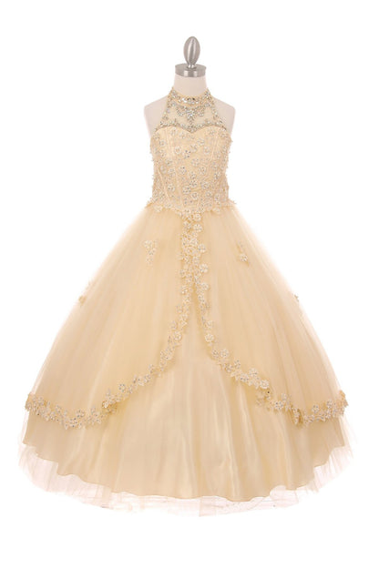 Champagne front view kids mini quinceañera ball gown with halter neck, rhinestones, pearls and satin tulle fabric