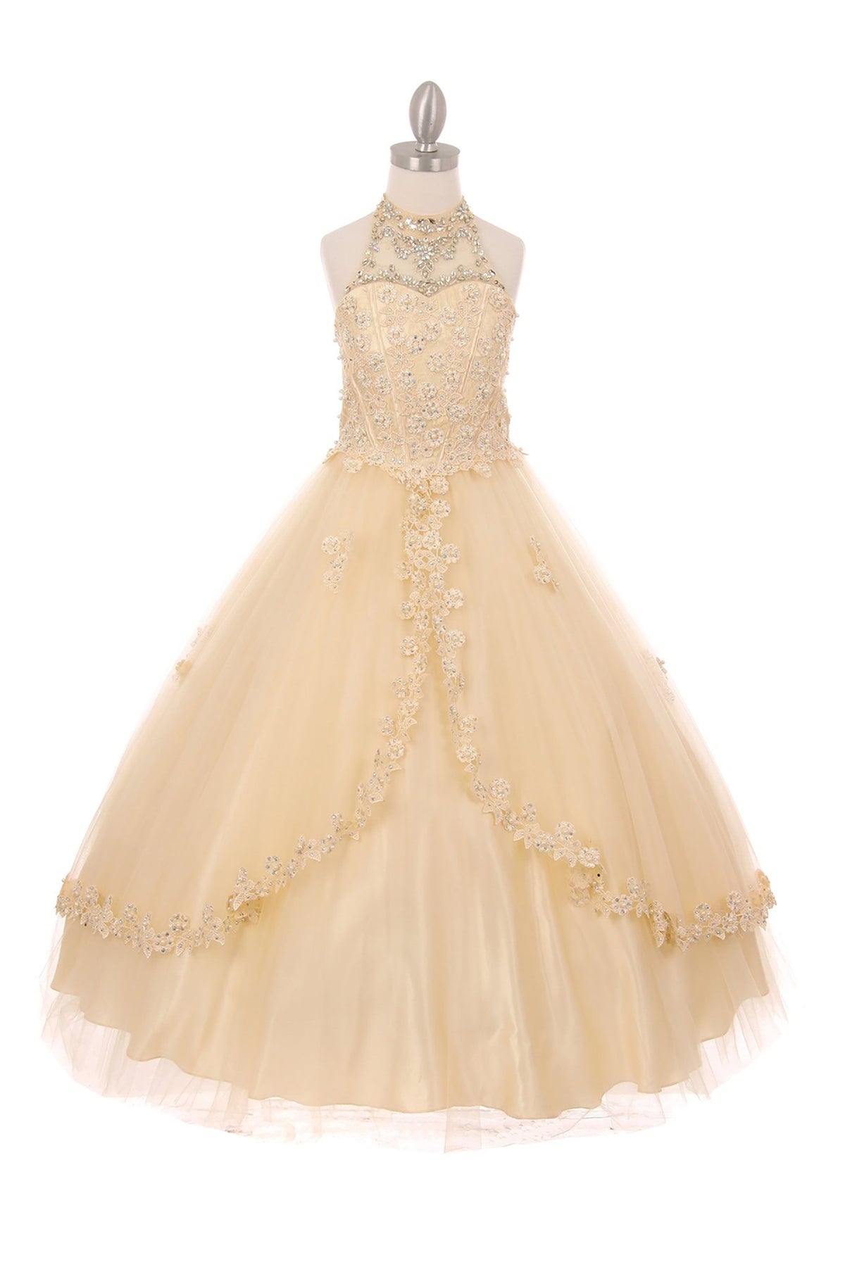 Champagne front view kids mini quinceañera mini quince dress with halter neck, rhinestones, pearls and satin tulle fabric.
