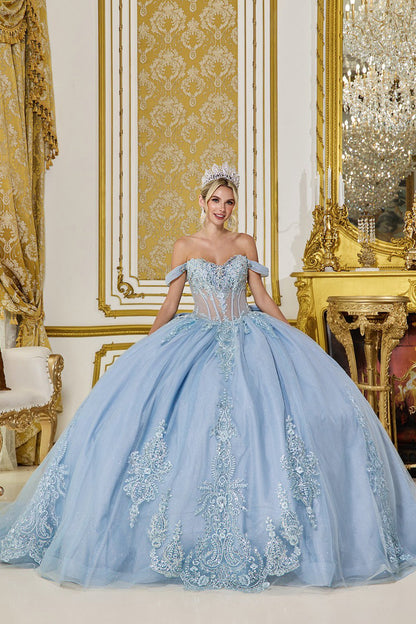 Woman in a light blue off shoulder ball gown with intricate detailing in an opulent room.