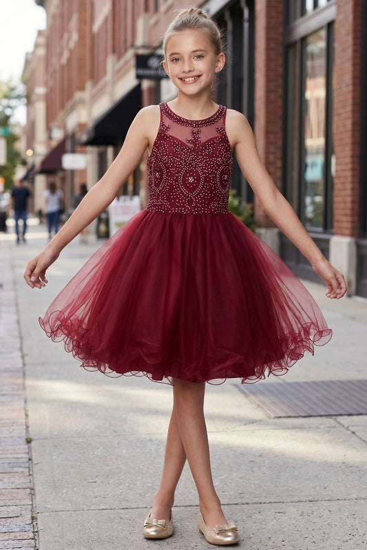 Showcasing with an embellished halter neckline, this Burgundy kids party dress displays elegant detail.