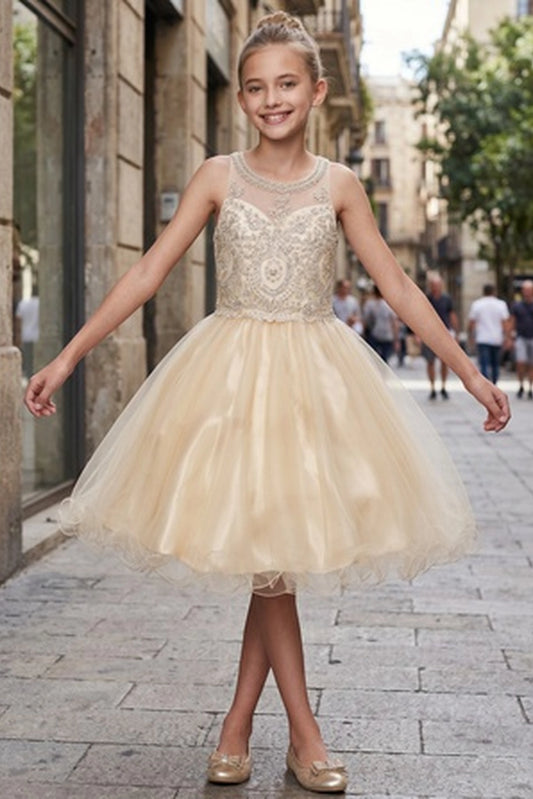 Finished details of a layered tulle skirt distinguish the Champagne kids party dress.