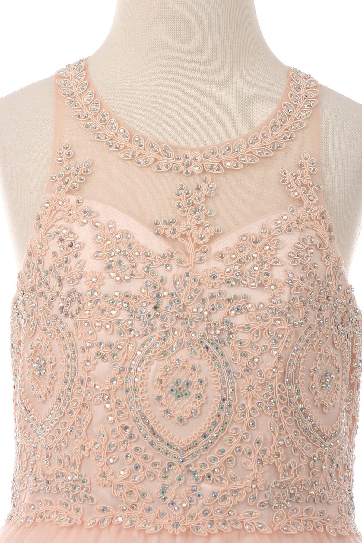 Accented an embellished halter neckline adds character to this Dusty Pink kids party dress.