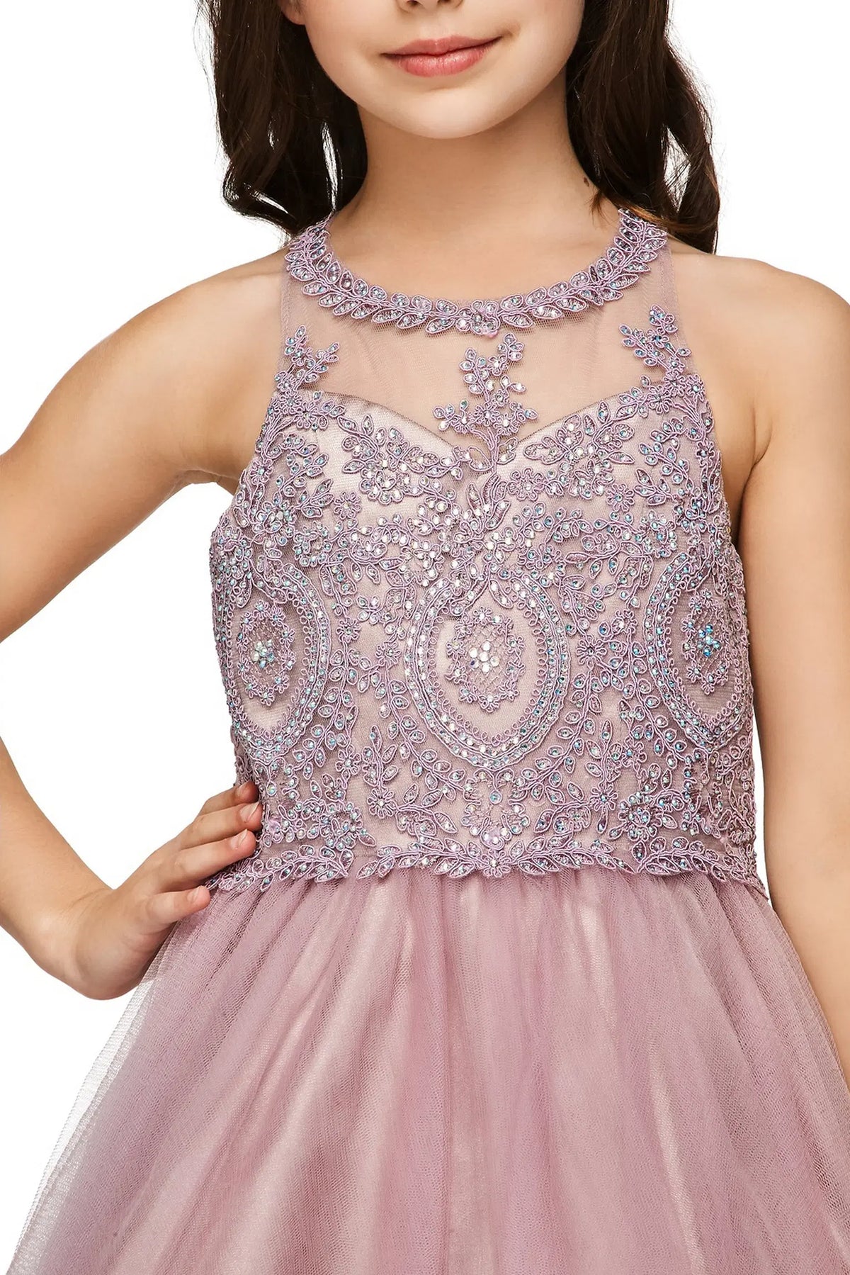 Accented an embellished halter neckline adds character to this Mauve kids party dress.