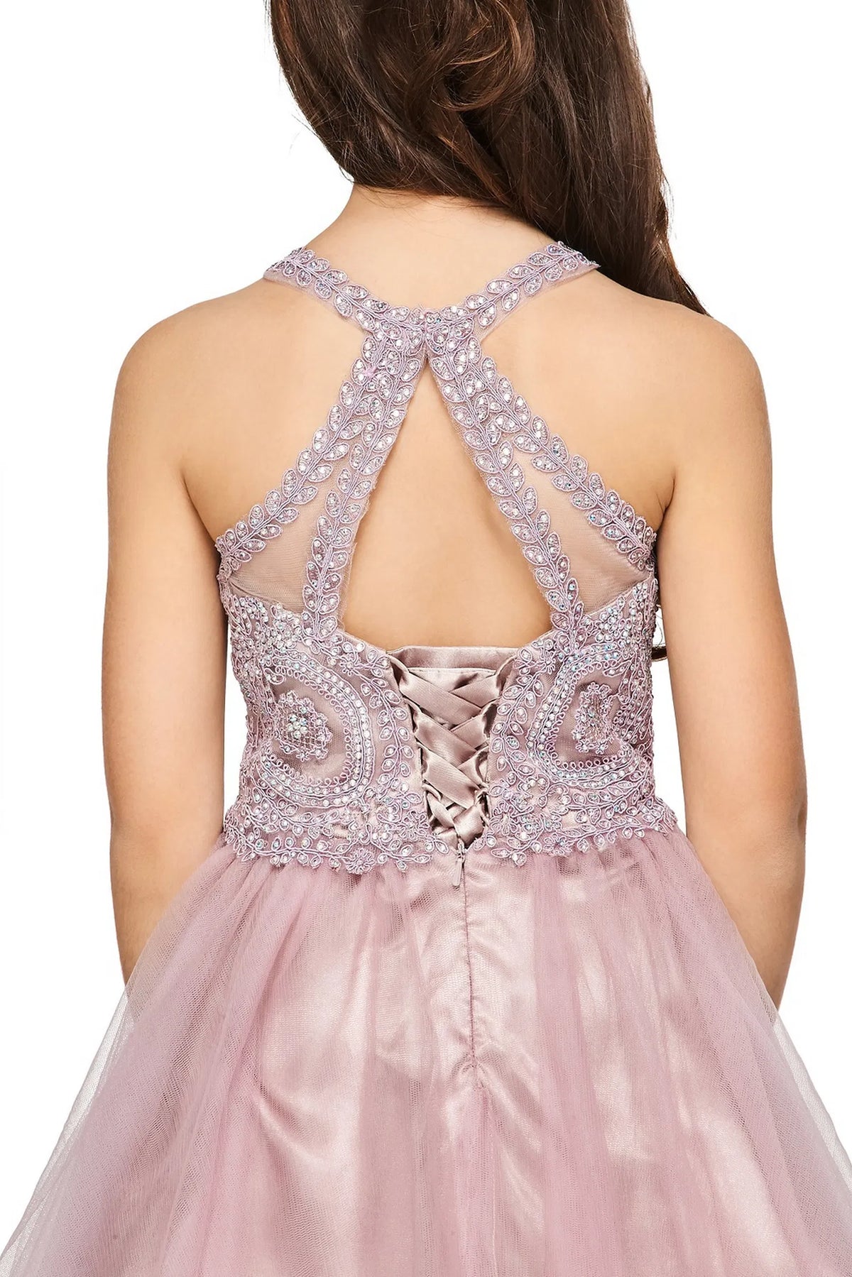 Finished details of crossed halter straps distinguish the Mauve kids party dress.