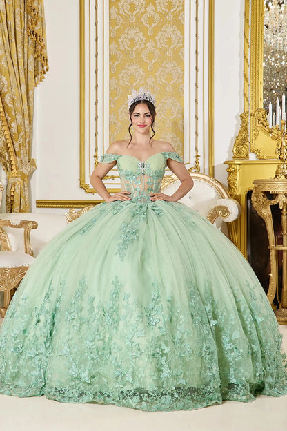 Sage green quinceañera ball gown with off-the-shoulder corset and floral lace appliqués, front view