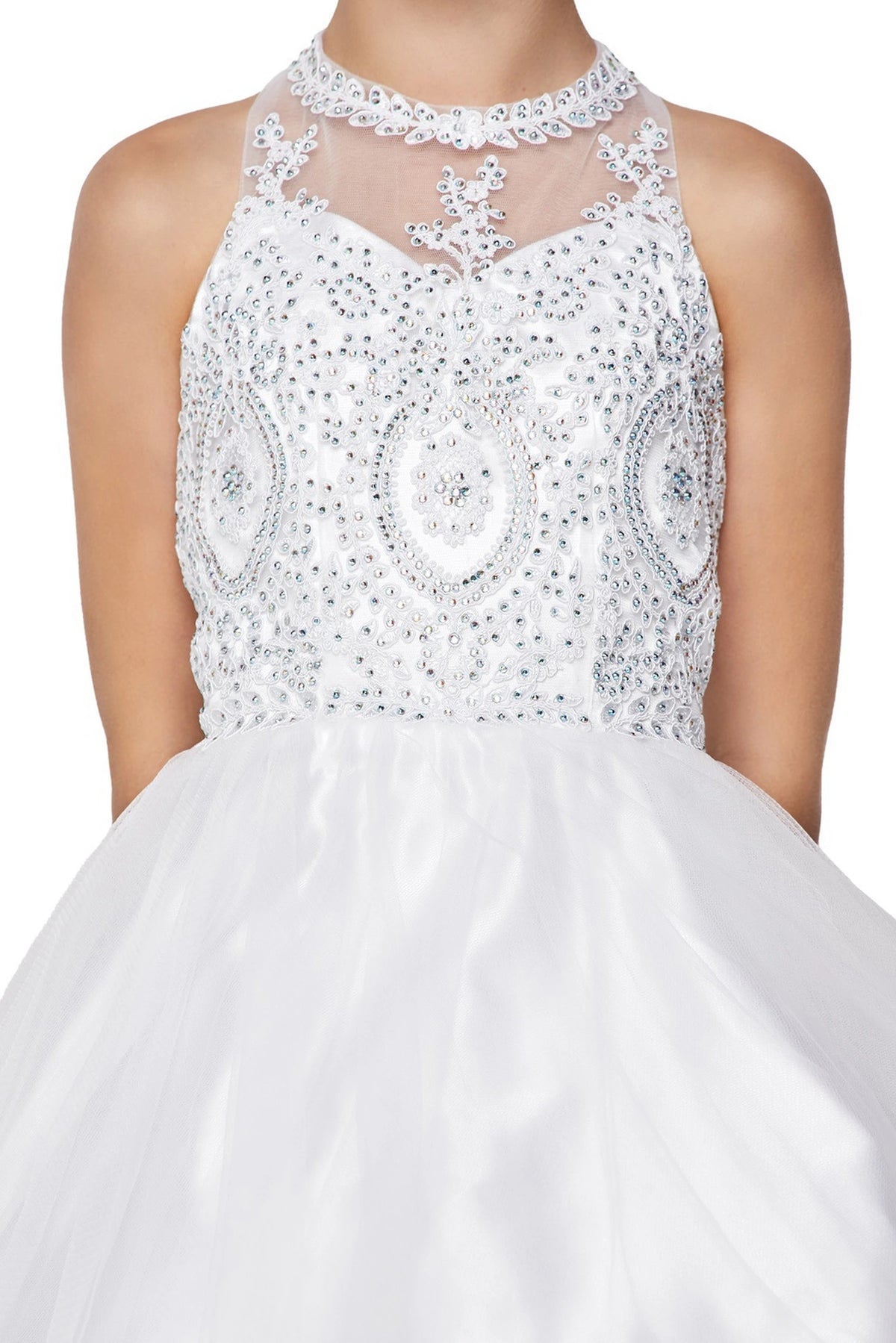 Showcasing with an embellished halter neckline, this White kids party dress displays elegant detail.