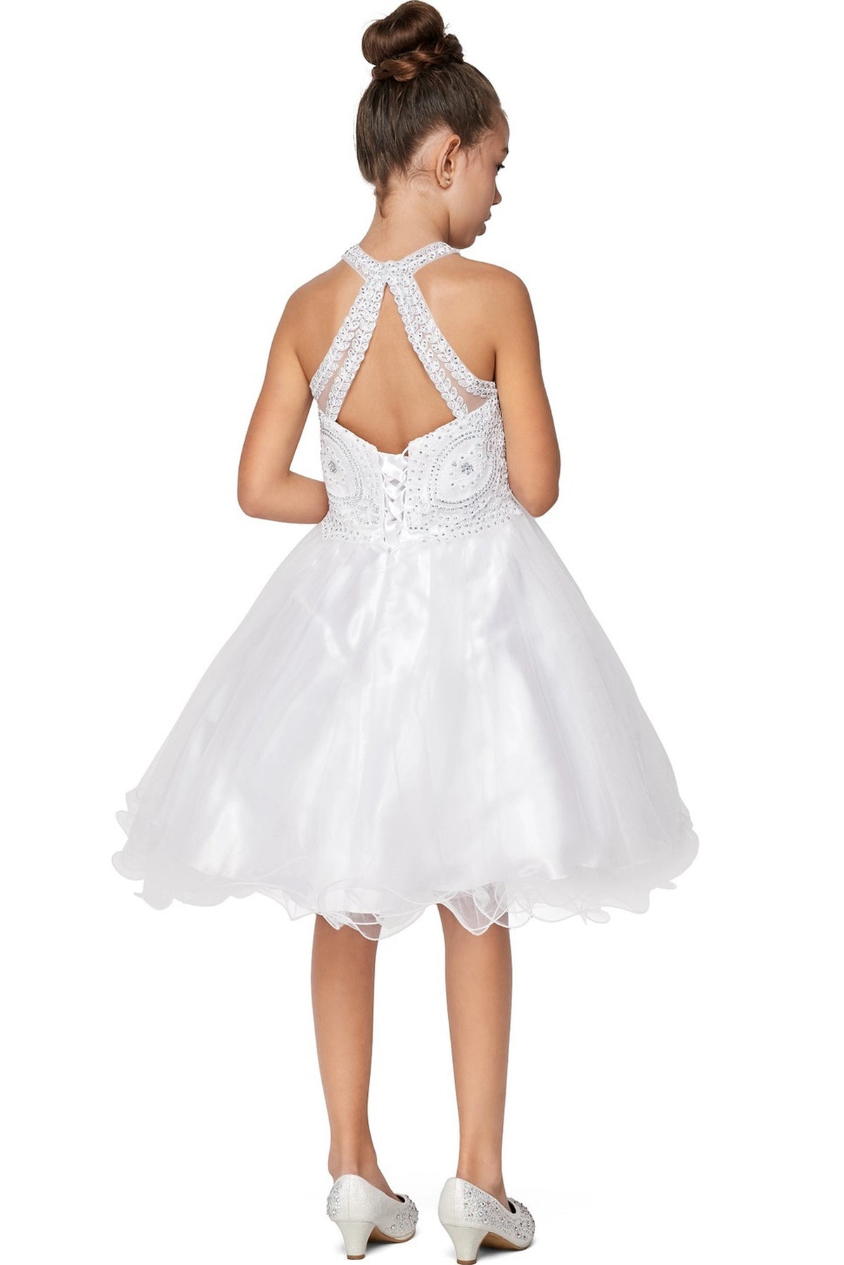 Finished details of crossed halter straps distinguish the White kids party dress.