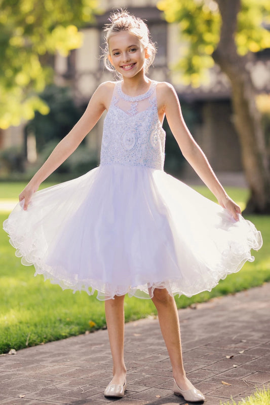 Accented an embellished halter neckline adds character to this White kids party dress.