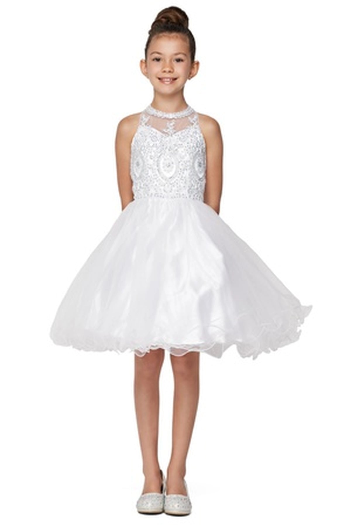 Designed details of a layered tulle skirt distinguish the White kids party dress.
