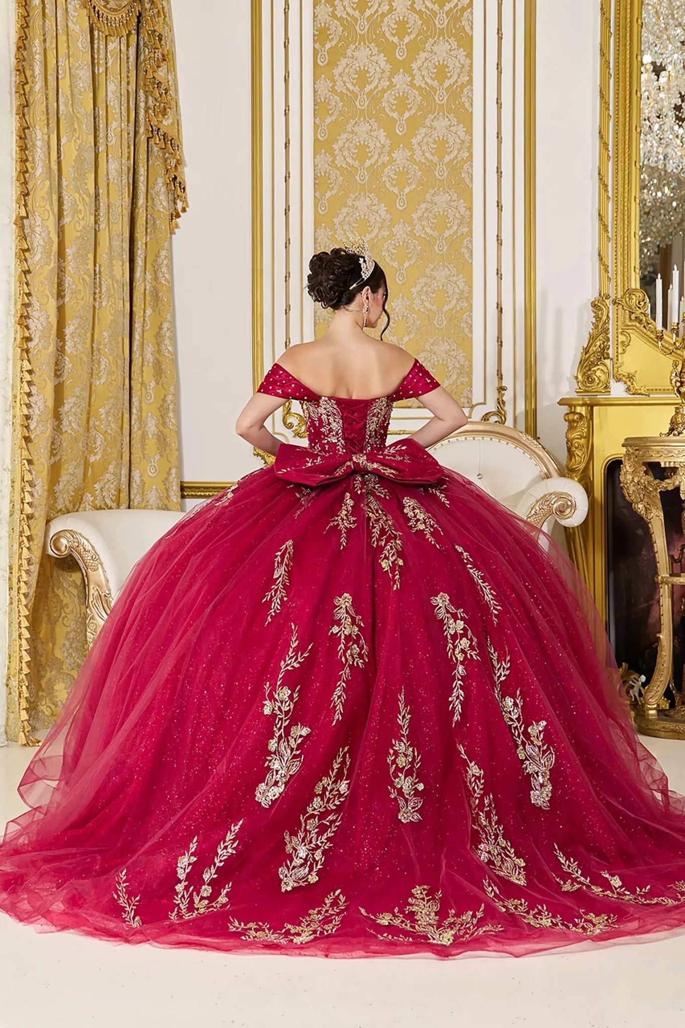 Burgundy Quinceañera Dress with Corset Bodice Metallic Applique L / Burgundy
