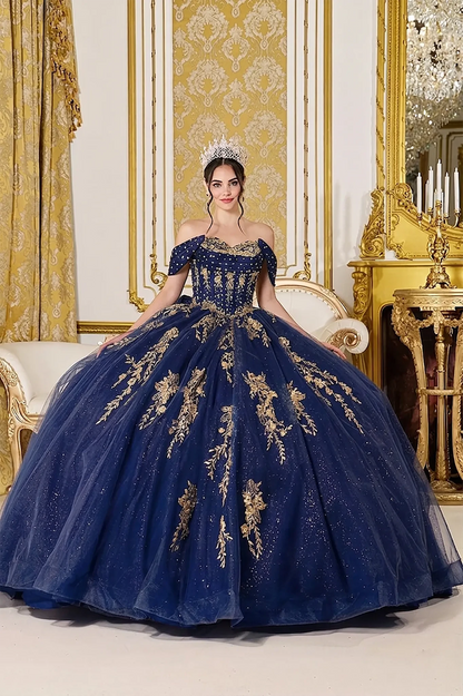 Woman wearing navy off-shoulder sweetheart quinceañera dress with gold embroidered corset bodice