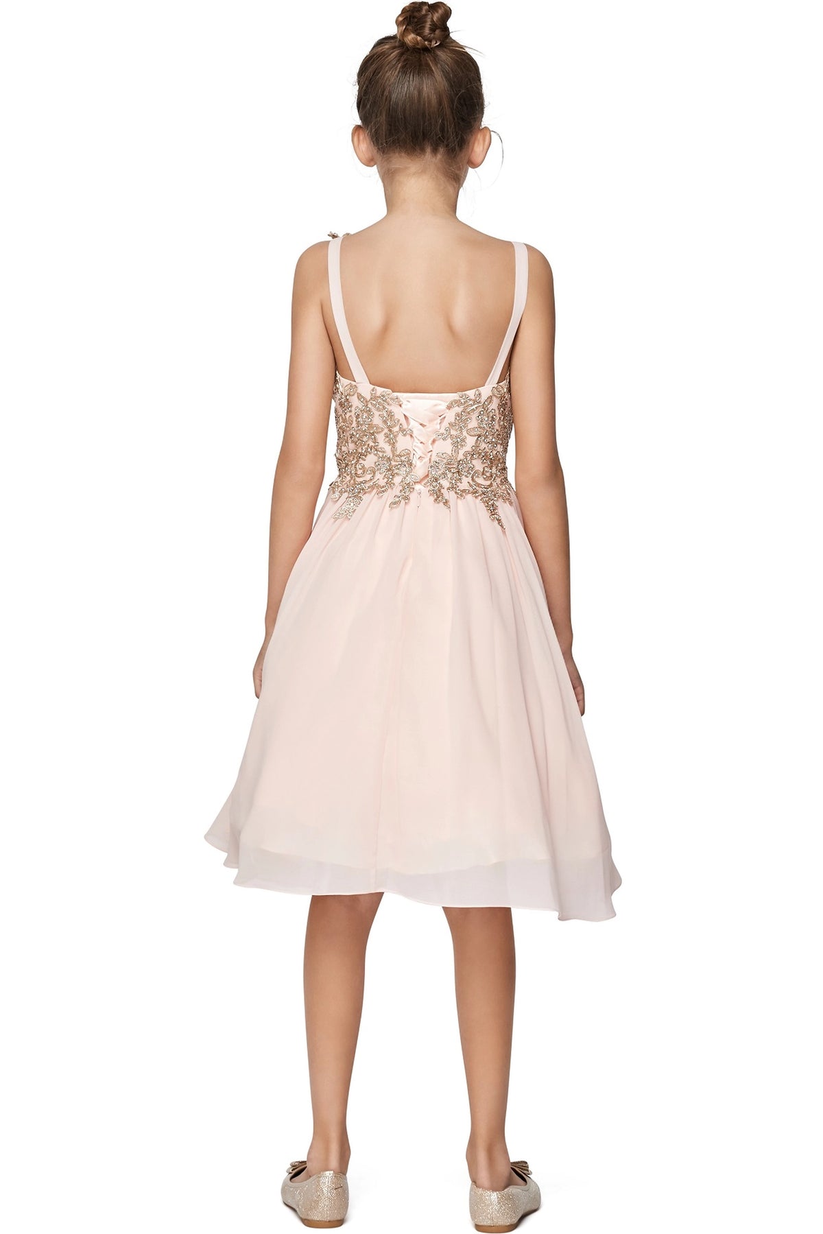Finished details of floral appliques framing back lacing distinguish the Blush kids party dress.