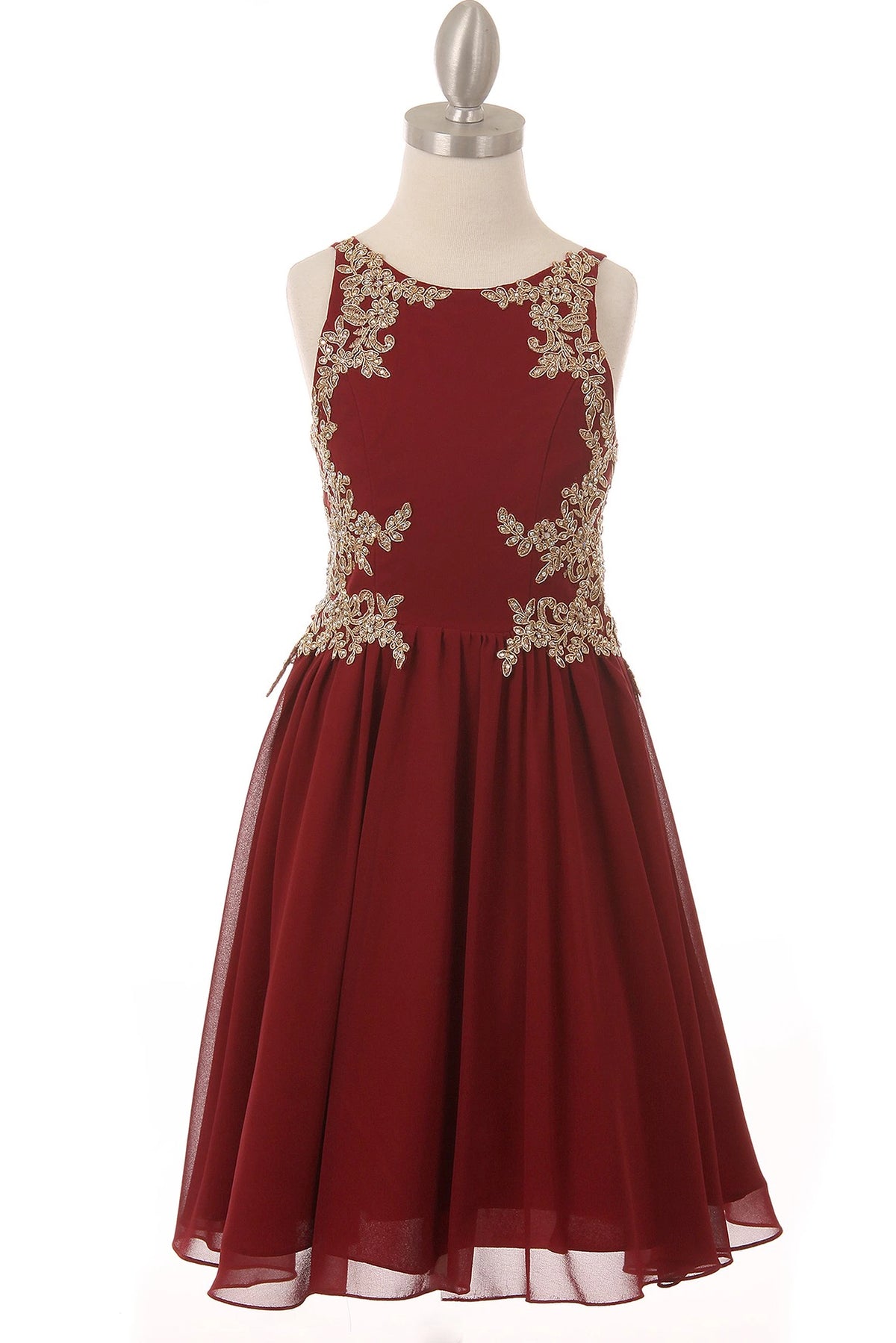 Finished details of a softly gathered skirt distinguish the Burgundy kids party dress.