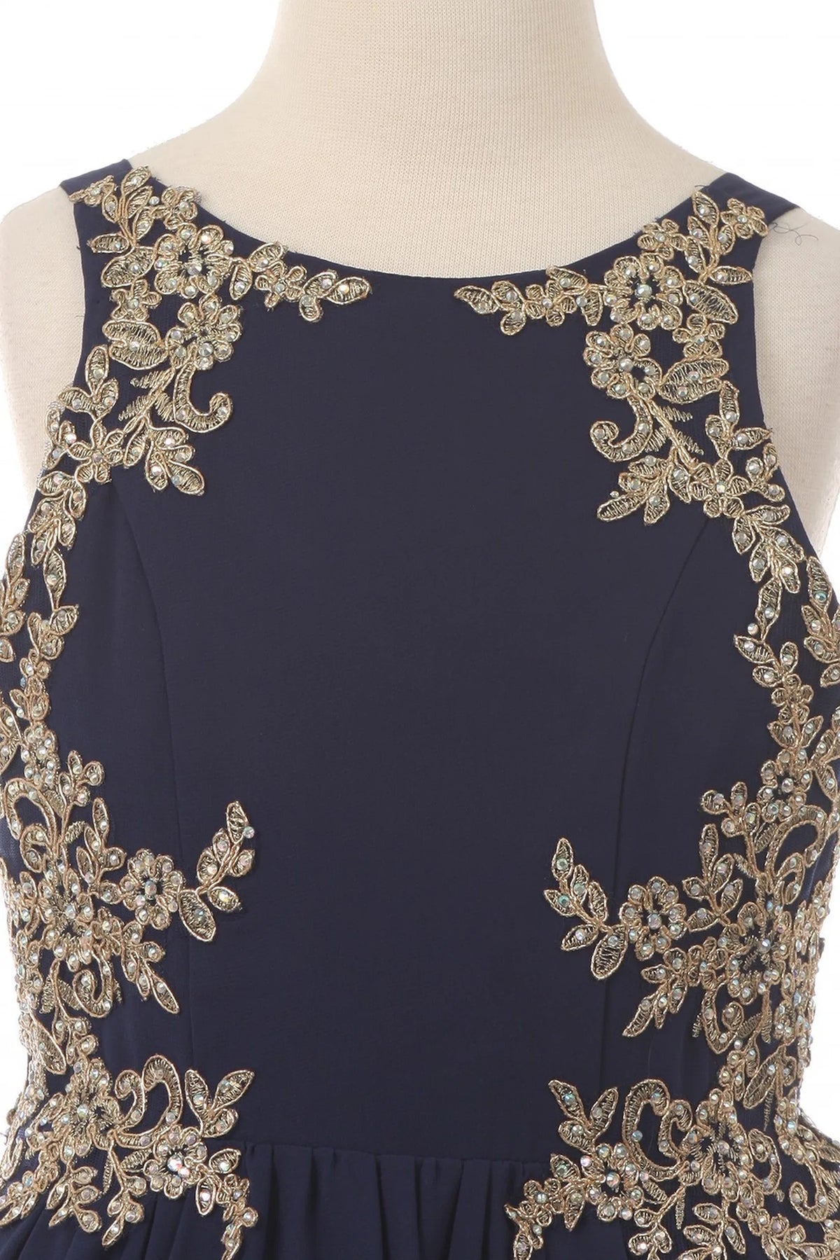 Accented contrasting floral appliques on the bodice adds character to this Navy kids party dress.