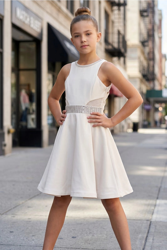 Showcasing with a crystal-trimmed waistband, this Off-White kids party dress displays elegant detail.