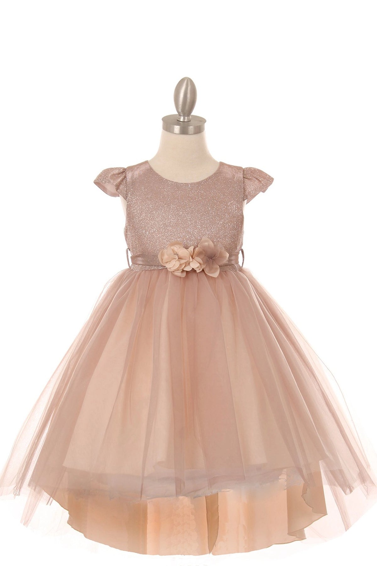 Showcasing with a high-low tulle hem, this Blush kids party dress displays elegant detail.