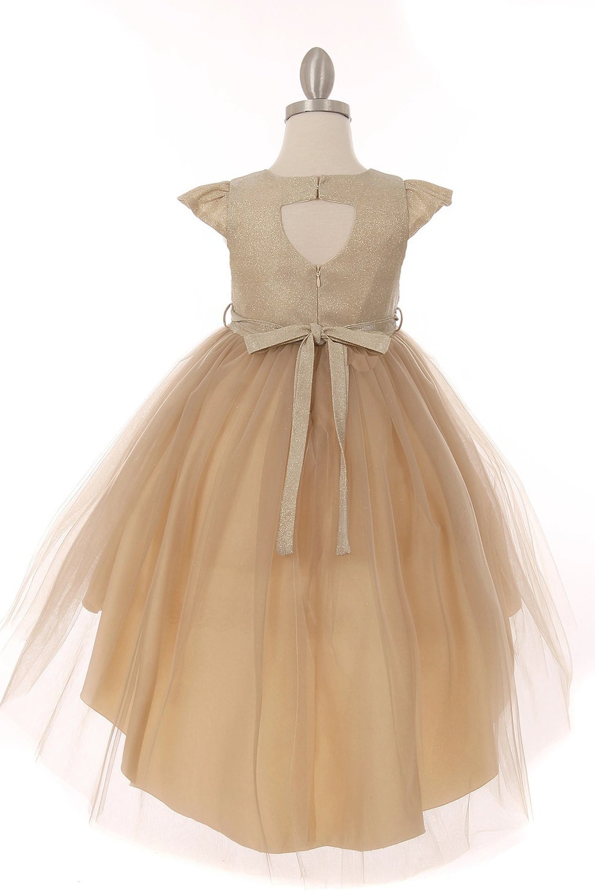 Showcasing with a high-low tulle hem, this Champagne kids party dress displays elegant detail.