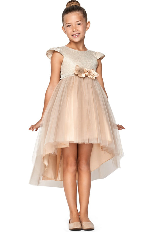 Detailed by a high-low tulle hem, the Champagne kids party dress reveals its construction.