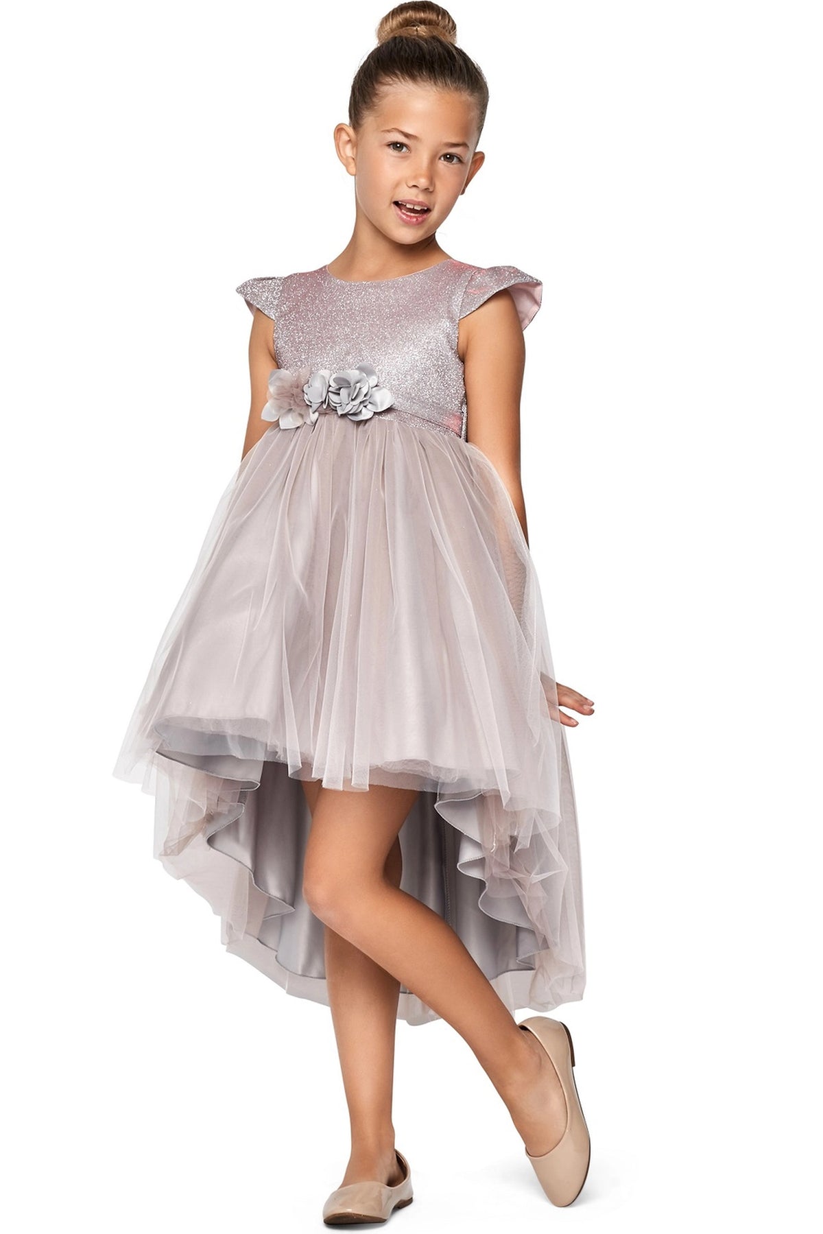 Showcasing with a high-low tulle hem, this Mauve kids party dress displays elegant detail.
