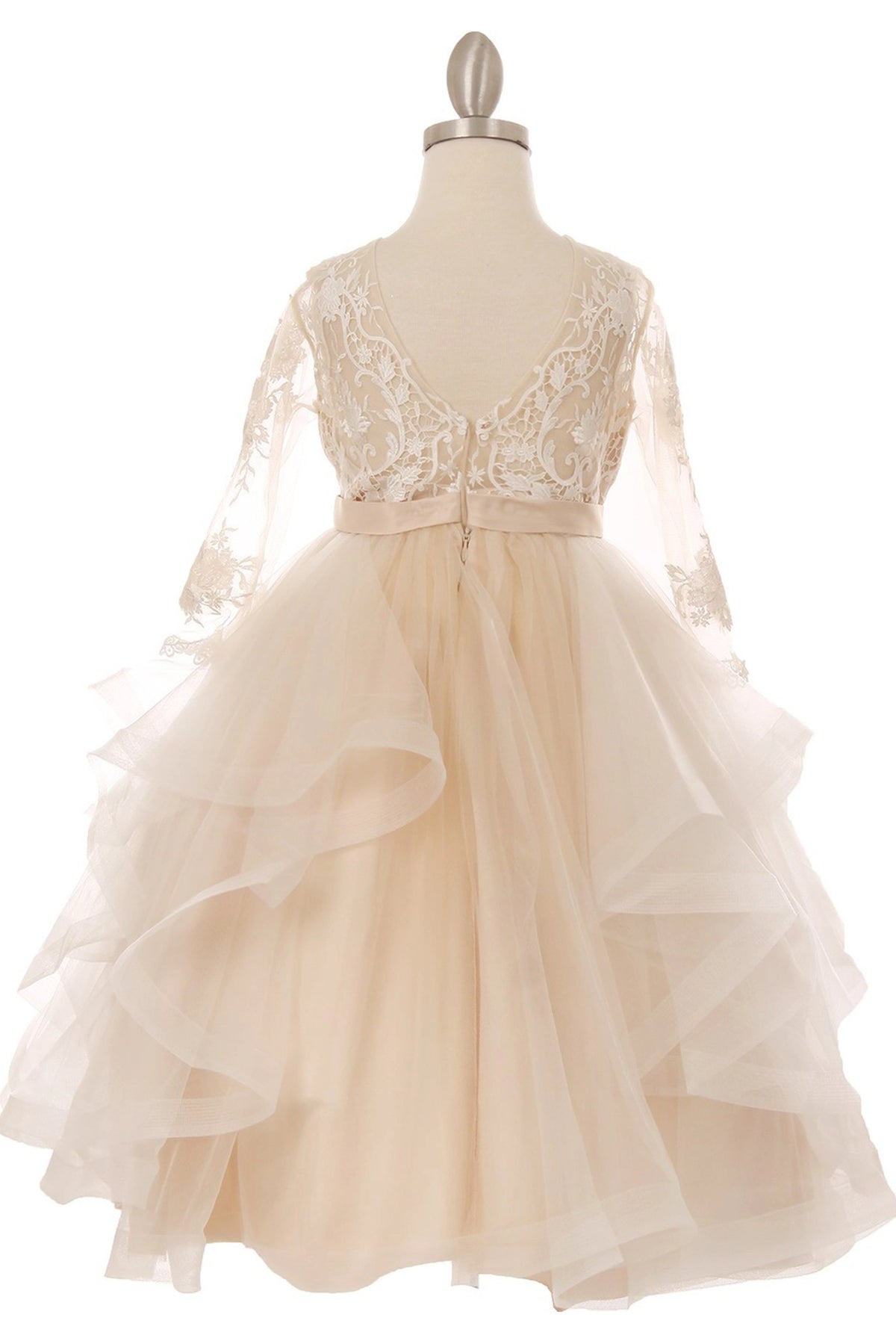 Accented a V-shaped lace back and large bow adds character to this Champagne kids party dress.