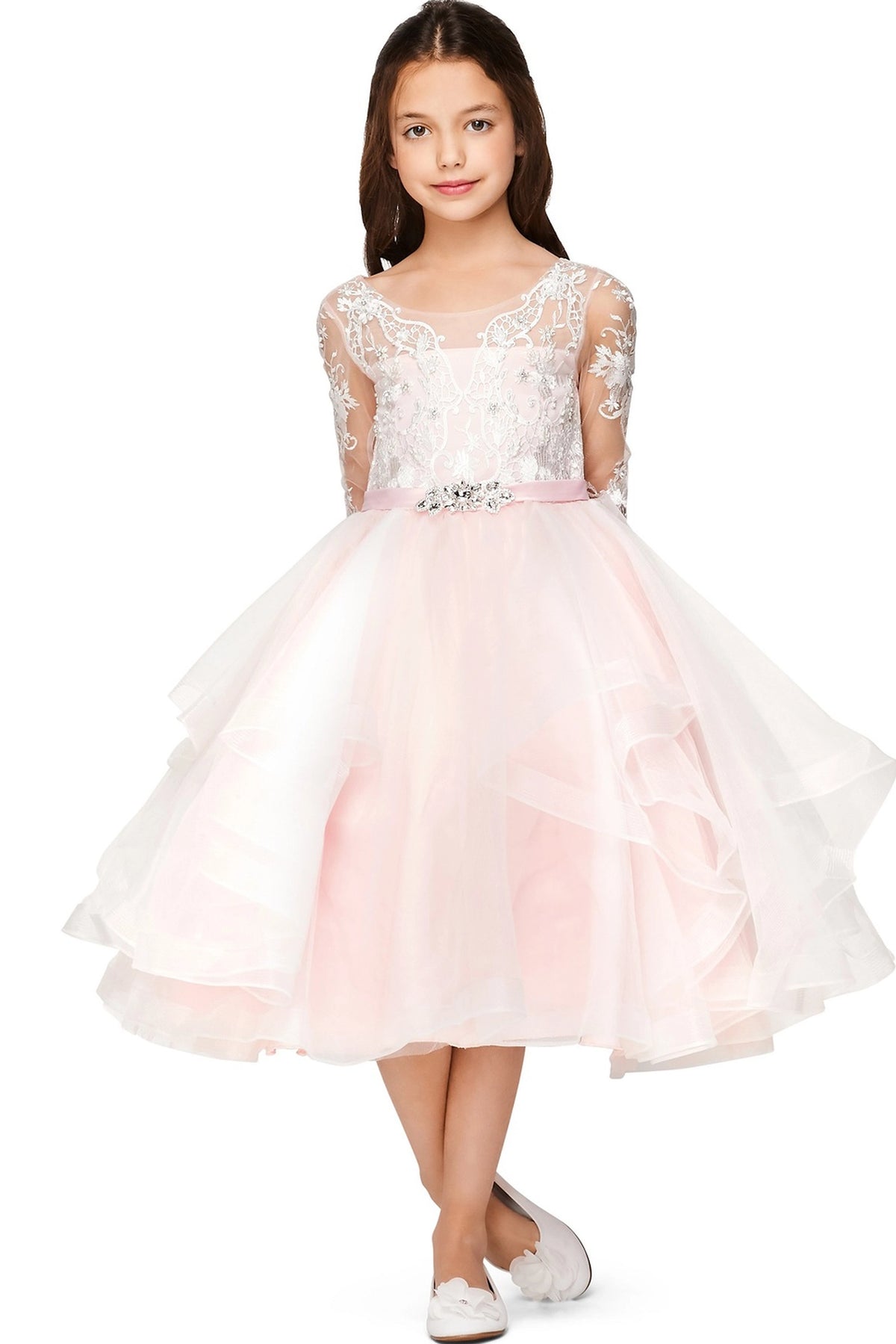 Showcasing with sheer floral lace sleeves, this Pink kids party dress displays elegant detail.