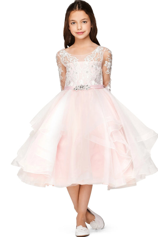 Showcasing with sheer floral lace sleeves, this Pink kids party dress displays elegant detail.