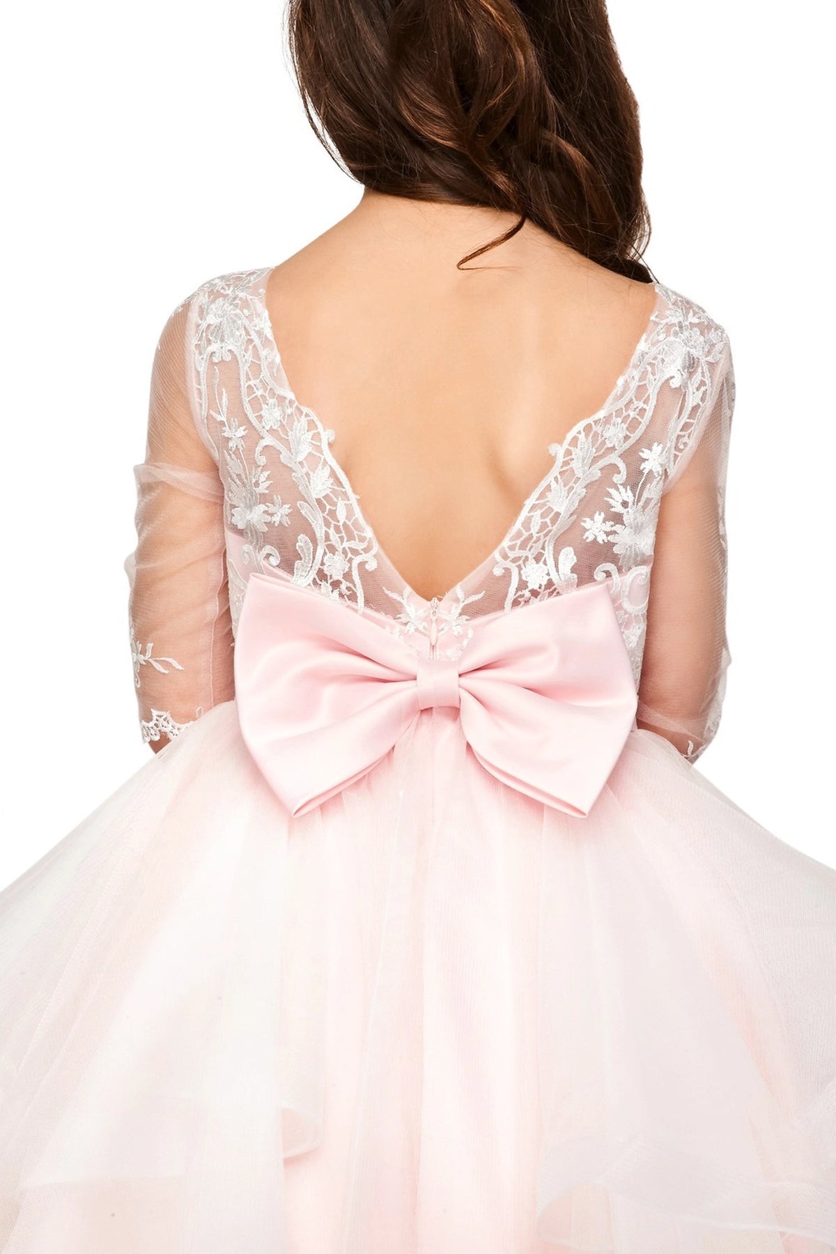 Finished details of a V-shaped lace back and large bow distinguish the Pink kids party dress.