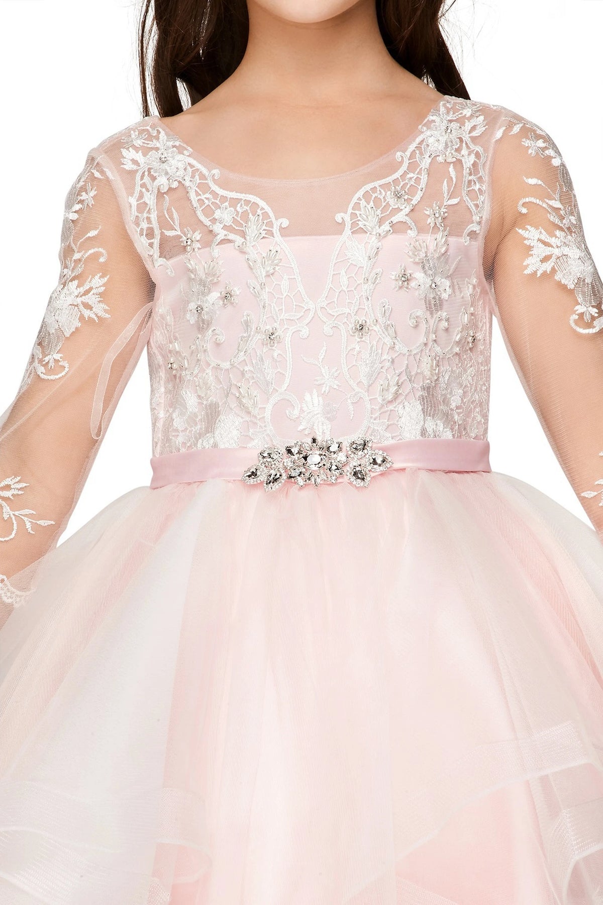 Accented sheer floral lace sleeves adds character to this Pink kids party dress.